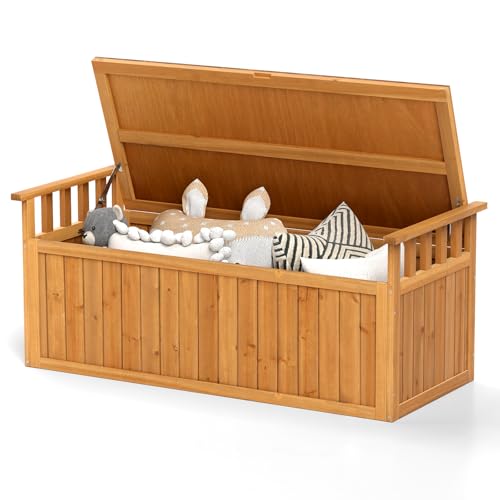 Image of GiantexUK Garden Deck Box, Outdoor Storage Bench with Lid, Wooden Chest Container for Patio Cushions and Gardening Tools (With Armrests, 209L, 128x58x53cm)