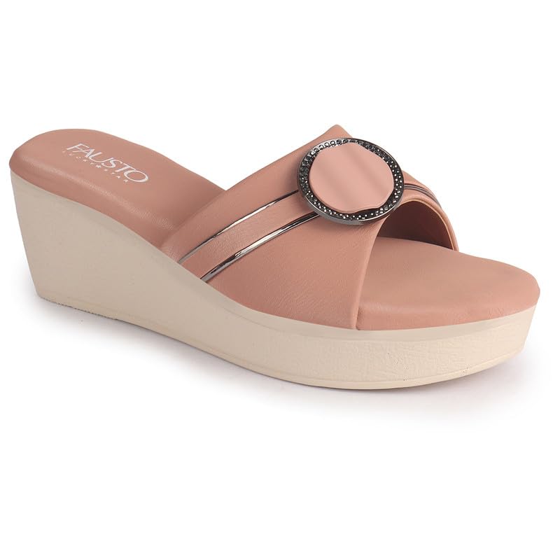Image of FAUSTO Women Buckle Design Wedge Heel Sandals | Comfortable Slip-On Platform Slides For All Day Wear, Casual and Party | Soft Cushioned Insole