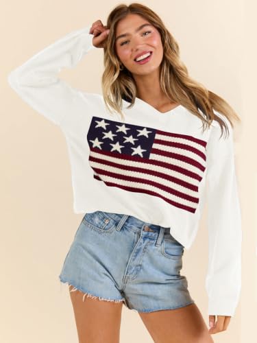 Image of Dressmine Womens American Flag Knit Sweater Crew Neck Long Sleeve Pullover