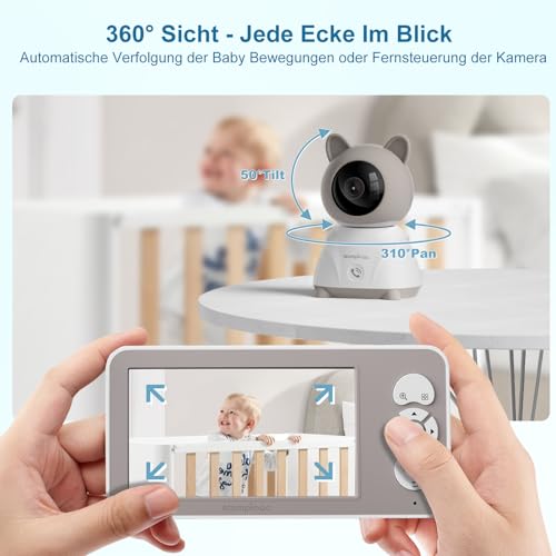 Babyphone mit Kamera und App 2K/3MP - 5 Zoll WLAN Baby Monitor PTZ 360° IR Nachtsicht 2-Wege-Audio, Automatische Verfolgung, Weinen/Bewegungs/Geräusch-Erkennung Temperaturüberwachun