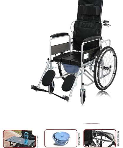 車椅子折りたたみライト高齢者トイレ付き多機能専用高齢者小型障害者手押しスクーター (アップグレードされた油圧 + 完全横たわる防水レザー (取り外し可能なアームレスト) + インフレータブルホイール + トイレ + ダイニングテーブル)