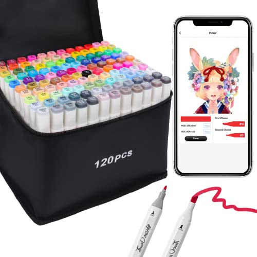 Image of Vokiuler 120 Colors Alcohol Markers, Art Markers for Artists with Coloring App, Dual Tip Marker for Adult Painting Sketching Drawing with Travel Case Great Gift Idea
