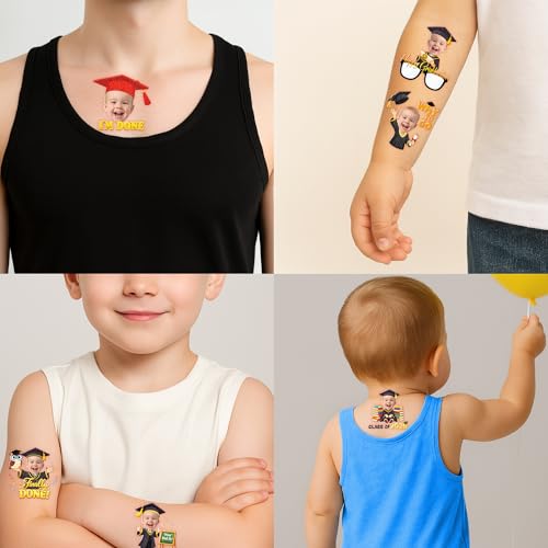 Image of Custom Graduation Temporary Tattoos for Kids, Set of 20 | Personalized Pre-Cut Face Photo, Fun Birthday Party Favors, For Boys Girls, Graduation Day Celebration Gifts