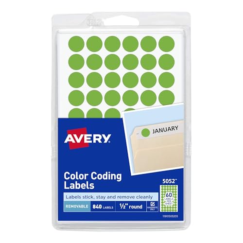 Avery Color-Coding Removable Labels, 1/2 Inch Round Stickers, Neon Green, Non-Printable, 840 Dot Stickers Total (5052)