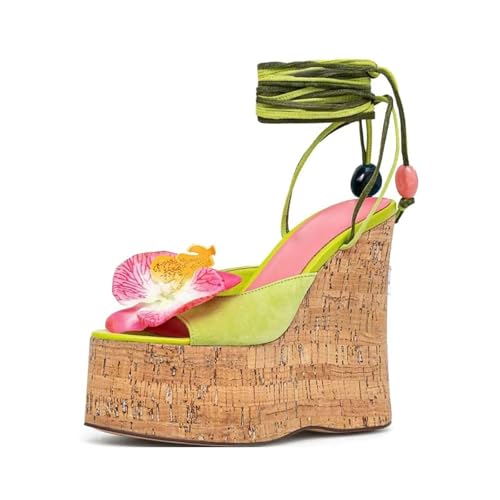 LINMUYOUJIA women's Flowers Cork Platform Bohemian wedge sandals Womens ankle Strap Tropical Peep Toe lime green Tie Up High Heel Party Prom Evening Dance Shoes-lime green-37 by LINMUYOUJIA - Used condition - Image 5