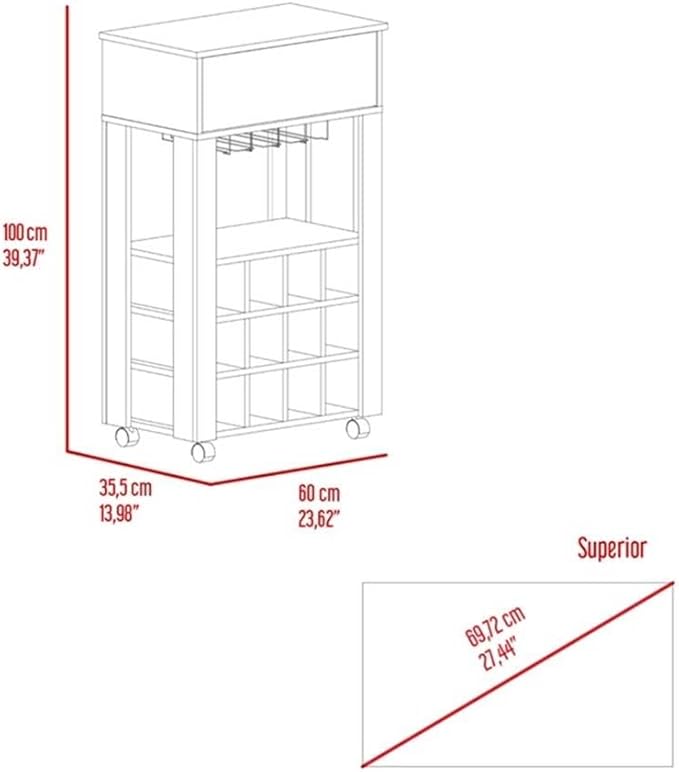 Carrito Bar Ace con Rack para 12 Botellas, Cajón y Ruedas, Gris Claro miniatura 4