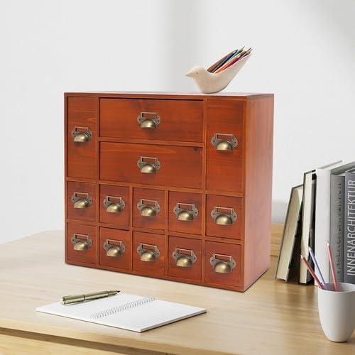 Tabletop Drawer Organizer Storage Cabinet With 14 Drawers For Tea Bags, Medicine, Vintage Apothecary Chests Cabinets Rustic Herb Storage Box with Drawers Wooden Desk Drawer Organizer
