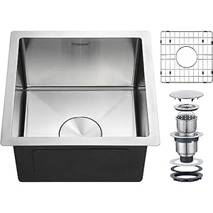 15×15 Inch Bar Sink Undermount, 18 Gauge Stainless Steel Small Kitchen Sink, Handmade Single Bowl Wet Bar Sinks with Rinse Grid (Brushed)