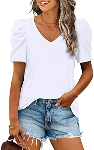 White Shirts for Women Cute Puff Sleeve Tops Casual V Neck T Shirts Summer T-Shirt L