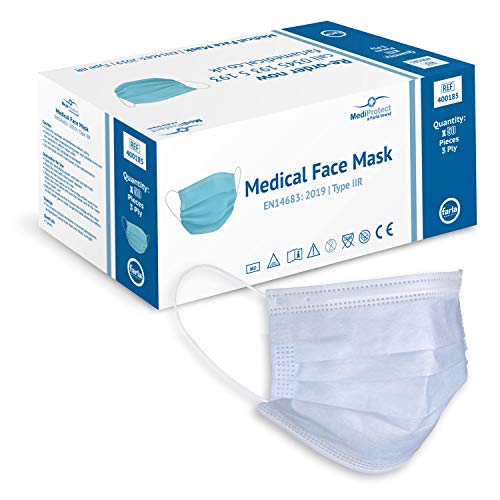MediProtect Medical Face Masks with Ear Loops | Type IIR Certified | 3 Ply Protection | Pack of 50