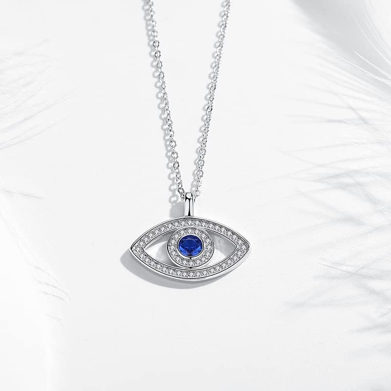 Solid 14K White Gold Over 925 Silver Evil Eye Pendant Necklace,Dainty Moissanite and Sapphire Devil's Eye Protection Necklace,Lucky Jewelry Gift for Women