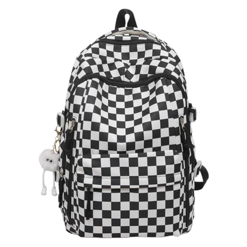 Aesthetic Checkered Backpack with Kawaii Pendant for and Teens (Black)