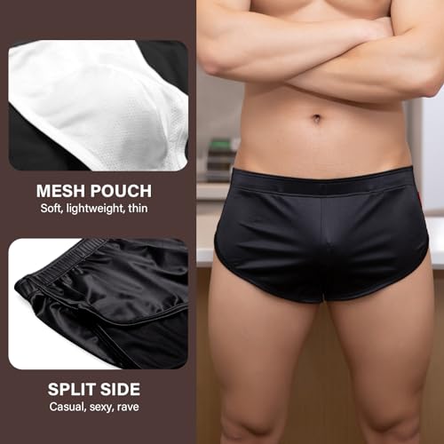 Mens Satin Boxer Briefs Silk Boxers with Pouch Lounge Shorts Split Side Pajama Bottoms Running Sweatshorts4