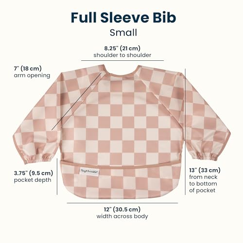 Image of Tiny Twinkle Long Sleeve Bib for Babies & Toddlers | 2-Pack Waterproof Smock Bib for Eating | Machine Washable & Mess-Proof Feeding Essentials | Newborn Shower Gift (Pink,Beige Checkers, 6-24M)