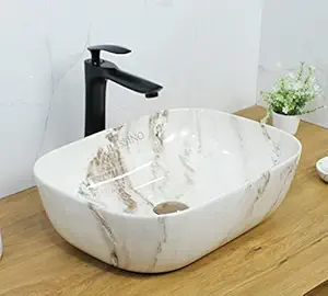 BASSINO Art Wash Basin Countertop, Tabletop Ceramic Bathroom Sink/Basin (Ivory Marble) (455x325x135mm)