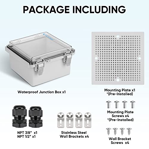 Ticonn Waterproof Electrical Junction Box Ip67 Abs Plastic Enclosure With Hinged Cover With Mounting Plate, Wall Brackets, Cable Glands (Clear, 5.9"X5.9"X3.5") #TOP5