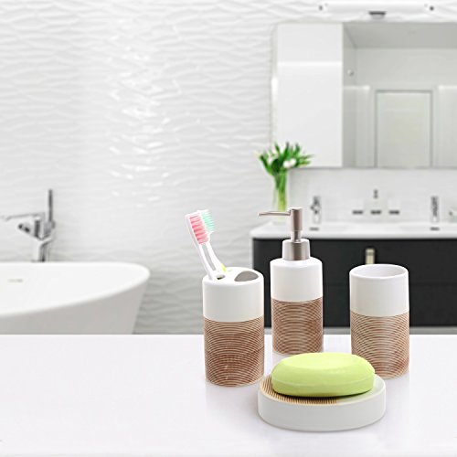 MyGift 4 Pcs Soap Dispenser and Toothbrush Holder Set, Ceramic Bathroom Accessories Set, Soap Dish, Pump Dispenser, Tumbler Cup, Dual Tone White with Clay Stripe - Image 3