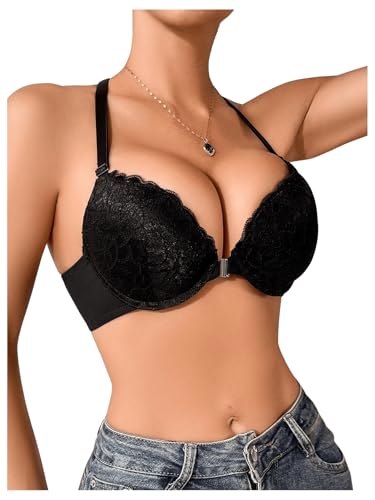 GORGLITTER Women's Lace Front Fastening Bras Push Up Underwire Plain Sexy Racerback High Support Bra Black 80D - Image 4
