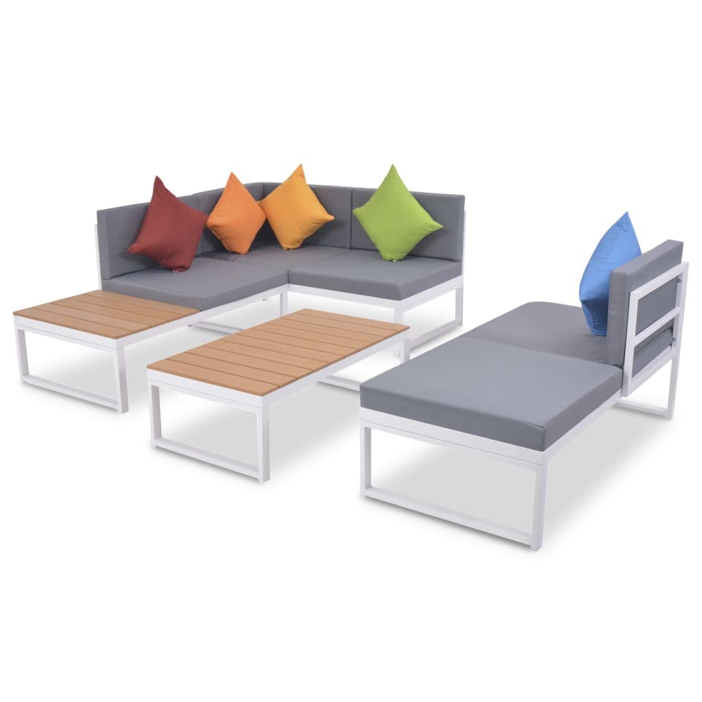 Zestaw mebli ogrodowych 4-częściowy zestaw poduszek aluminiowych WPC | Sofa 2-osobowa bez podłokietników, narożnik, stolik kawowy, 5 poduszek na siedzisko