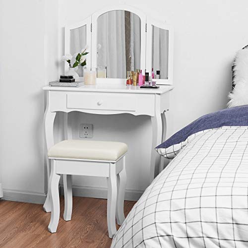 WATERJOY Vanity Set, Dressing Makeup Vanity Table Set with Tri-Folding Mirror & Cushioned