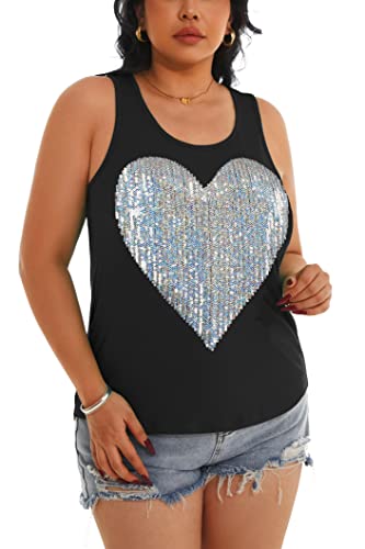 Pesion Cute Heart Black And Gold Sequin Tank Tops For Women Summer Sleeveless Racerback Shirt, Black+ Silver Heart, Xx-Large #TOP1