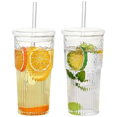 GOSCHE Glass Cups with Straws and Lids 2Pcs, 20oz Glass Cups Drinking Jar, Clear Iced Coffee Cups, Vintage Ripple Glassware for Water Coffee Tea, Clear Cover