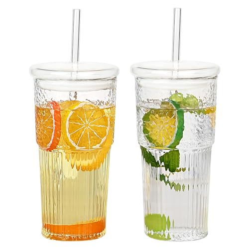 GOSCHE Glass Cups with Lids and Straws, 590ml/20 oz Iced Tea Coffee Cups, Vintage Ripple Glassware Set, Wide Mouth Glass Tumbler with Straw for Water Coffee Tea 2 PCS, Clear