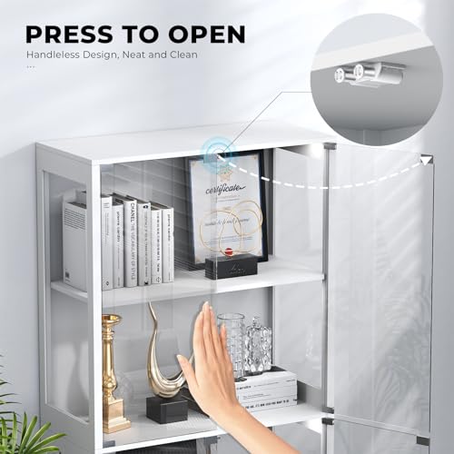 BROTTAR Display Cabinets with Glass Doors & 3 Color Lights, 4 Tier Curio & Bookcase Storage Cabinet for Living Room, Glass Display Cabinet for Collectibles, Trophy, Books, White