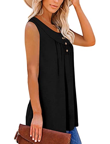 Mystry Zone Women's Sleeveless Henley V Neck Pleated Casual Flare Tunic Blouse Shirt Black X-L #TOP2
