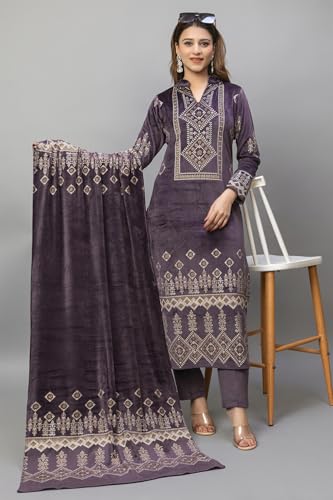 Image of HIFZAA velvet kurta palazzo set with dupatta for womens printed winter wear suit M to 4xl