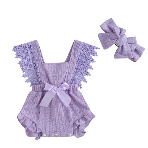 Newborn Baby Girl Lace Romper Ruffle Sleeveless Backless Onesie Jumpsuit Bodysuit with Headband Summer Clothes (Purple, 12-18 Months)