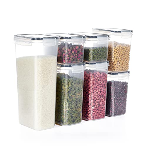 7 recipientes de almacenamiento de alimentos para cocina, contenedores de almacenamiento de polipropileno sin BPA, organización de despensa con tapa, diseño apilable para cereales, aperitivos, fideos