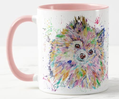 Vixar Pomeranian Dog Pet Watercolour Rainbow Art Coloured Mug Cup Gift Birthday Work Office Christmas Tea Coffee (Pink)