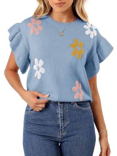 Saodimallsu Womens Summer Ruffle Short Sleeve Sweater Tops Cute Floral Knit Creweck Casual Lightweight Sweaters