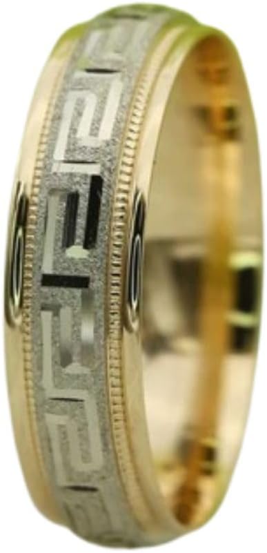Two Tone 14K Gold Plated Wedding Band Greek Key Engagement Ring Textured Milgrain Statement Ring For Unisex 925 Sterling Silver Handmade Valentine Ring Gift For Him Hip Hop Jewelry