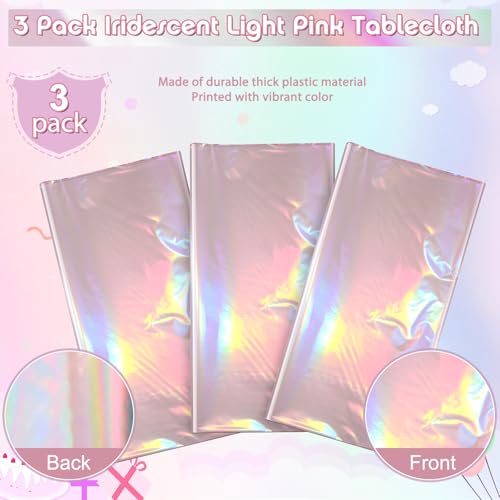 Image of 3 Pack Iridescent Light Pink Tablecloth for Parties, Pastel Pink Holographic Plastic Table Cover, Disposable Laser Baby Pink Table Cloth for Birthday Wedding Baby Shower Party Decorations, 54x108 Inch