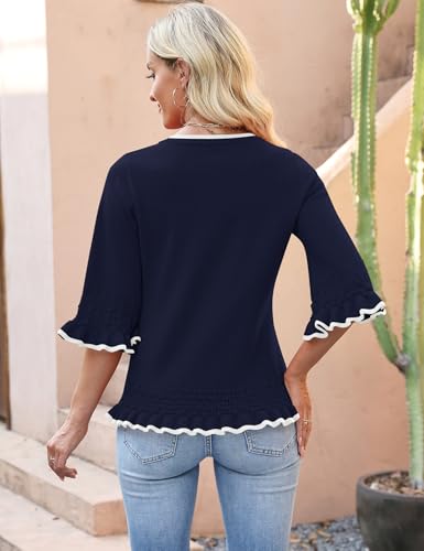 LOMON Womens Sweaters 3/4 Sleeve Tops V Neck Boho Sweater, Navy Blue, M by LOMON - Used condition - Image 8