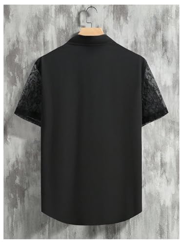 SweatyRocks Men's Sheer Floral Lace Button Down Collared Short Sleeve Shirts2