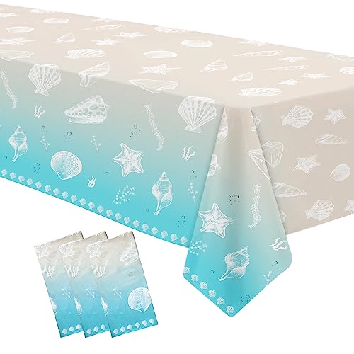 Image of Beach Seashell Party Decorations Tablecloth, Disposable Beach Seashell Party Table Covers Supplies, Sea Shell Table Decorations for Birthday Baby Shower Wedding Party, 3 Pack, 54in x 108in