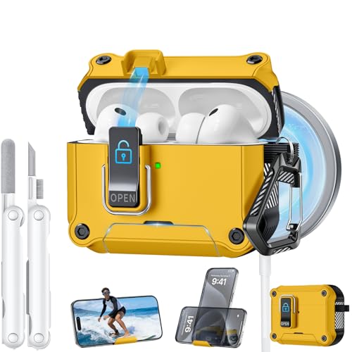 Image of Dual Safety Lock for AirPods Pro 3 Case 2025, Compatible with MagSafe | Designed with Automatic Switch and Phone Stand, Includes a Cleaner & Keychain - Rugged Tough Hard Shell