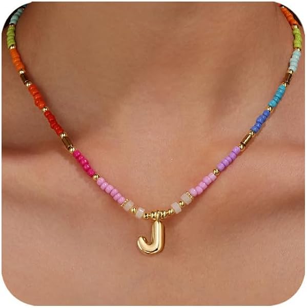 OPFIV 14K Gold Plated Colourful Beaded Initial Choker