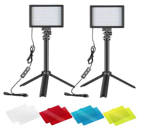 2 Packs Portable Photography Lighting Kit Dimmable 5600K USB 66 LED Video Light with Mini Adjustable Tripod Stand and Colour Filters