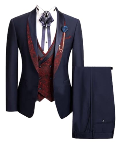 Costume trois pièces veste unie bouton unique et gilet jacquard à revers de châle unique