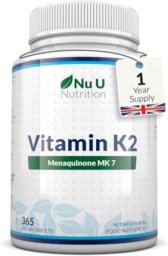 Vitamin K2 MK7 200mcg - 365 Vegan Tablets not Capsules - 1 a Day - 1 Year Supply - High Strength VIT K2 Menaquinone - Easy to Swallow - Made in The UK - Nu U Nutrition