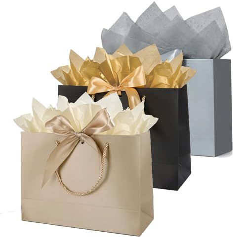 TINYFUTURE 3 pcs gift bags bulk, Large Gift Bag with Handles & Ribbon 3 Tissue Papers, Luxury Bag for Anniversary Birthday Wedding Christmas Holiday Presents