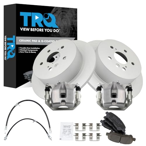 Image of TRQ Rear Brake Pad and Rotor Set Ceramic Coated Rotors Calipers Compatible with 2008-2012 Toyota Highlander