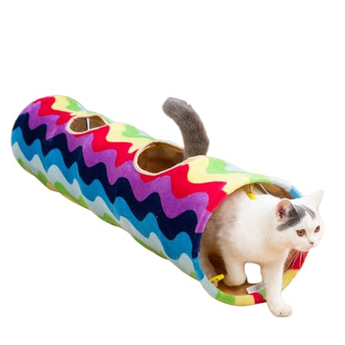 Image of Cat Tunnel -Straight-Shaped, Rainbow Wave Color, Soft Velvet Exterior, Oxford Fabric Fog-Proof Interior, Plush Toy Ball, Easily Washable, Conveniently Foldable, 47.2in /120cm