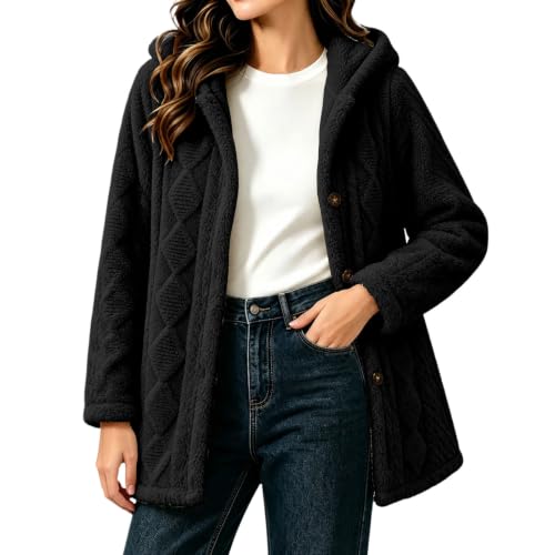 KUIH Womens Padded Coat Button Up Hooded Fleece Jacket Ladies Warm Quilted Outerwear Casual Top Womens Winter Coats for Autumn Winter Going Out Coats