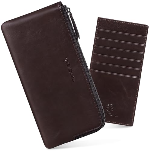 VISOUL Long Zipper Cash Wallet for Men and Women with Removable Credit Card Holder, Soft Genuine Leather Clutch Wallet-Coffee