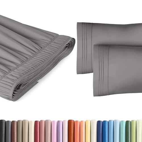 CGK Linens Wrap Around Dust Ruffle Bed Skirt + 2 Pillowcases Bundle - Dark Grey - for Queen Size Beds with 18 Inch Drop - Elastic Strap & Adjustable Pleated Bedskirt - Wrinkle Free - For Women, Men, Ki